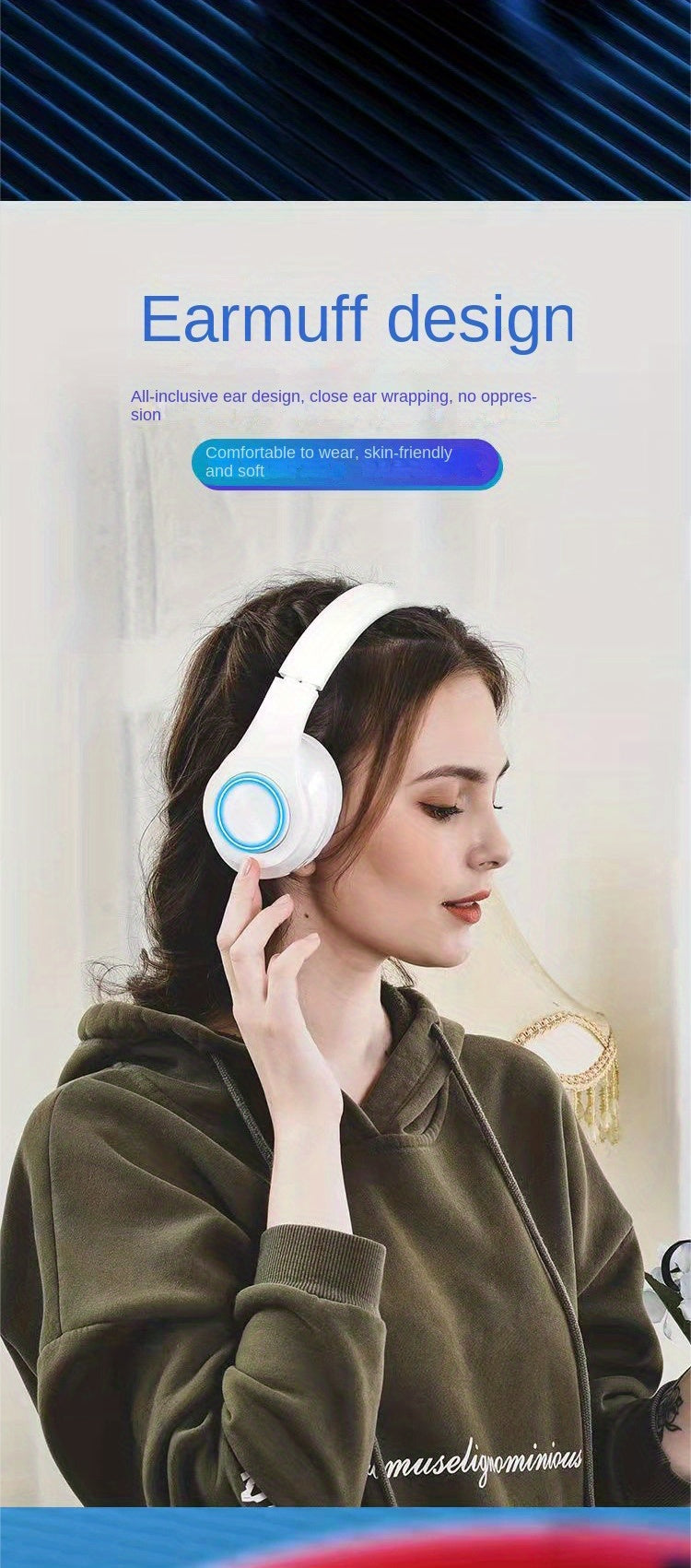 B39 Wireless Luminous  Earphone Headwear supports card insertion, cable insertion, and wireless functions to switch freely. It comes with a charging cable, audio cable, and manual