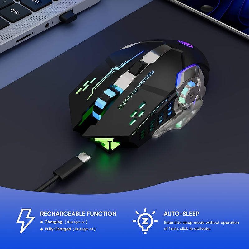 Wireless Gaming Mouse, Rechargeable Computer Mouse Mice With 7 LED Lights, 6 Programmable Buttons, Silent Click, 2.4G/BT USB Nano Receiver 3 Adjustable DPI For Laptop PC Gamer Desktop Chromebook Mac