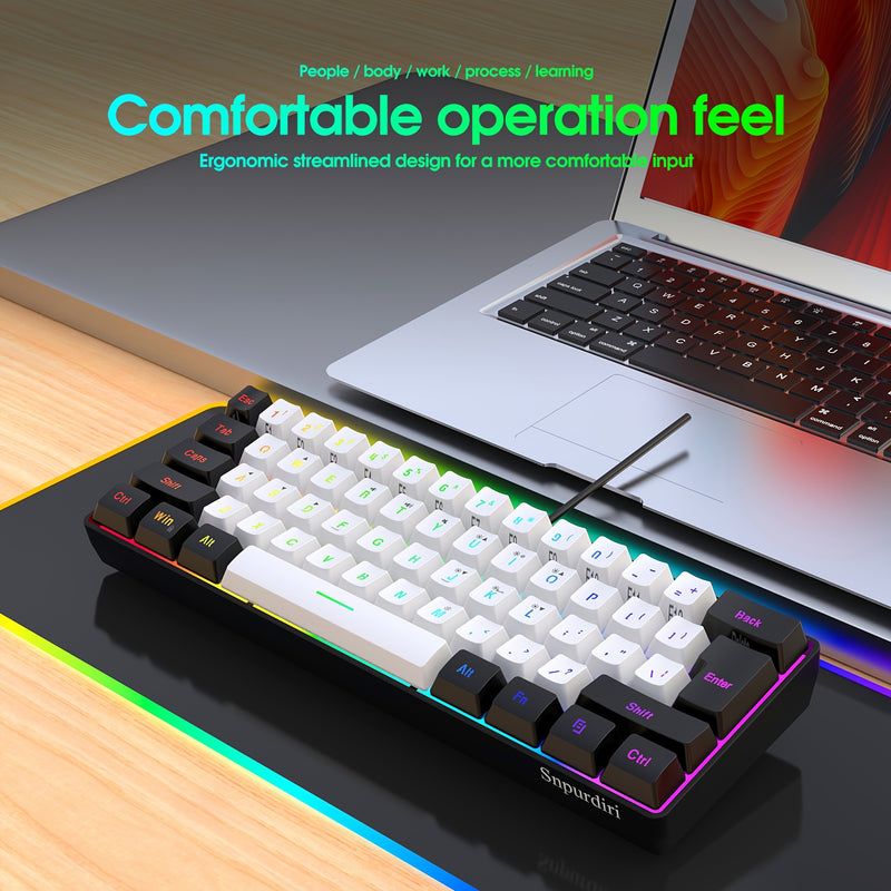 Snpurdiri 60% Wired Gaming Keyboard with RGB Backlit, Ultra-Compact 61-Key Membrane Keyboard, Portable Design for PC/Mac Gamers and Typists, USB-A Connectivity, No Battery Required