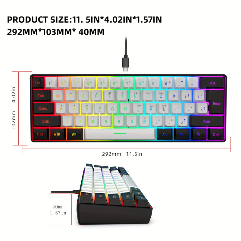 Snpurdiri 60% Wired Gaming Keyboard with RGB Backlit, Ultra-Compact 61-Key Membrane Keyboard, Portable Design for PC/Mac Gamers and Typists, USB-A Connectivity, No Battery Required