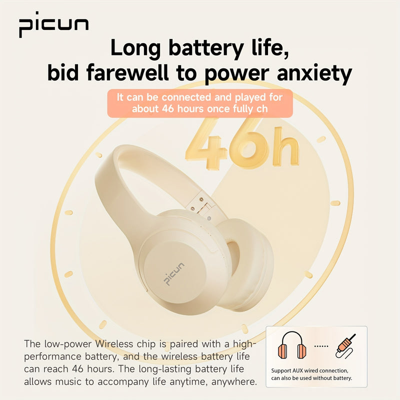 Picun B-01S Wireless Headphones, HD Stereo Sound Over Ear Headphones with Built-in Microphones, Deep Bass 46 Hours Playtime, Headset HiFi Stereo Foldable Lightweight Headset, TF/For Cellphone/PC/Home.