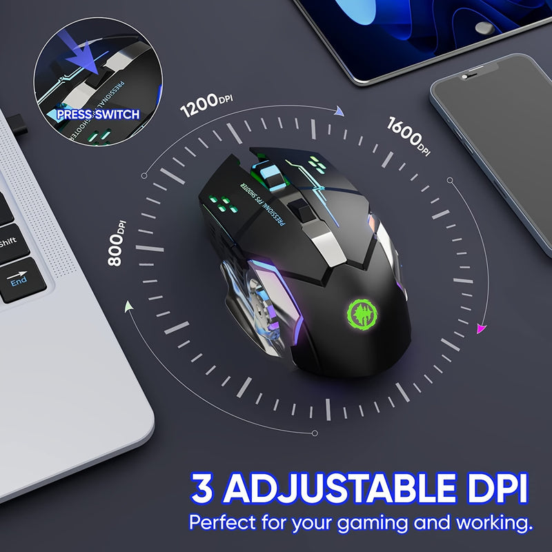 Wireless Gaming Mouse, Rechargeable Computer Mouse Mice With 7 LED Lights, 6 Programmable Buttons, Silent Click, 2.4G/BT USB Nano Receiver 3 Adjustable DPI For Laptop PC Gamer Desktop Chromebook Mac