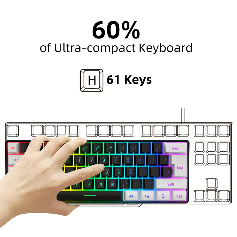 Snpurdiri 60% Wired Gaming Keyboard with RGB Backlit, Ultra-Compact 61-Key Membrane Keyboard, Portable Design for PC/Mac Gamers and Typists, USB-A Connectivity, No Battery Required