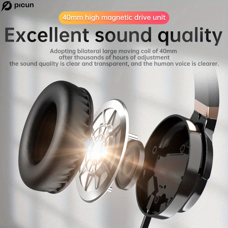 Picun C60 Wired On-Ear Headphones With Microphone, Lightweight Foldable & Portable Stereo Bass Headphones With 1.5M No-Tangle, Wired Headphones For Smartphone Tablet MP3/ 4 (Space Black)