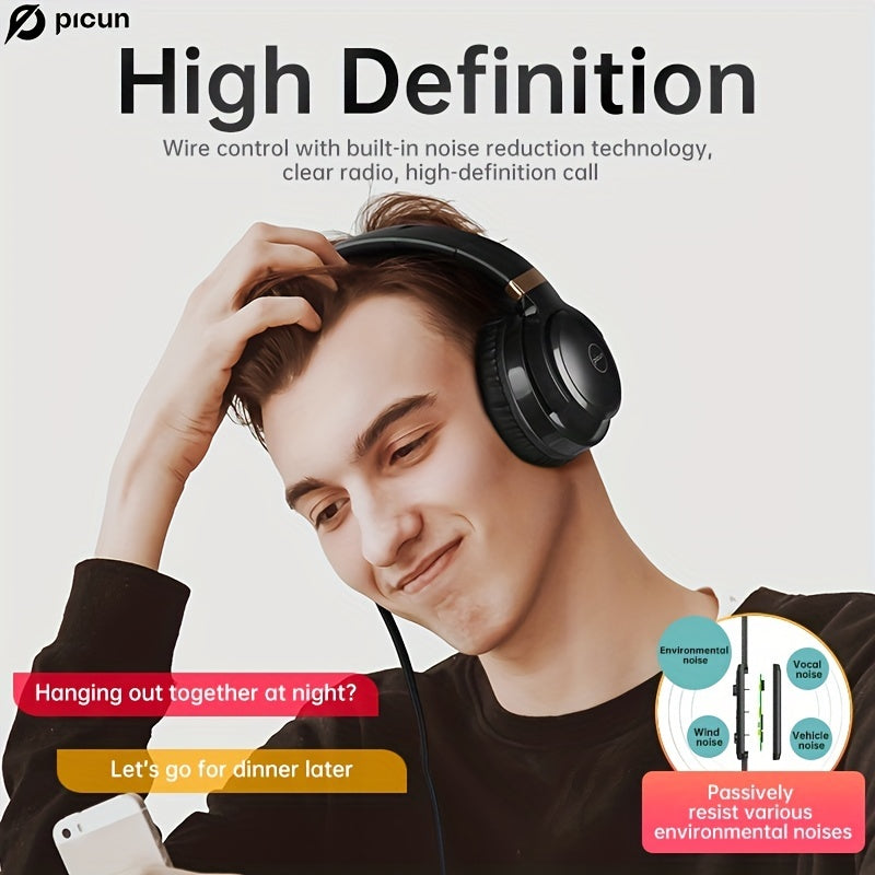 Picun C60 Wired On-Ear Headphones With Microphone, Lightweight Foldable & Portable Stereo Bass Headphones With 1.5M No-Tangle, Wired Headphones For Smartphone Tablet MP3/ 4 (Space Black)