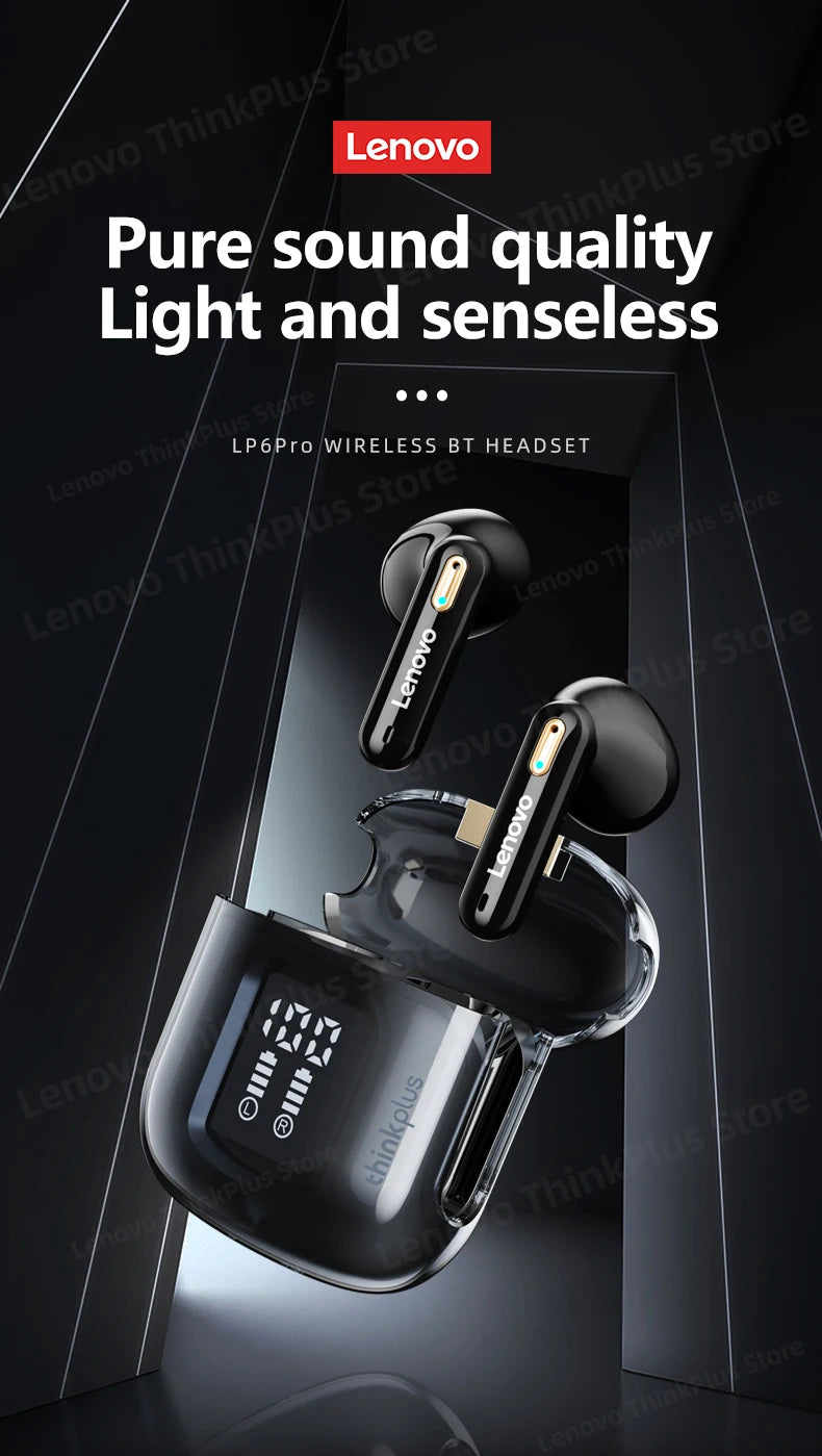 Lenovo LP6 Pro Bluetooth 5.3 Earphones TWS Sports Headphones Wireless Earbuds Dual HD Mic Headset LED Display Gaming Earphones