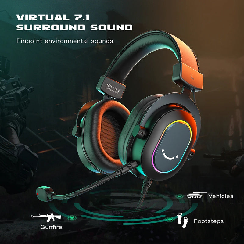 Headset Gamer RGB Dinâmico Fifine com Microfone, Fones de Ouvido Over-Ear com Som Surround 7.1, para PC, PS4, PS5, 3 Opções de EQ: Jogo, Filme, Música