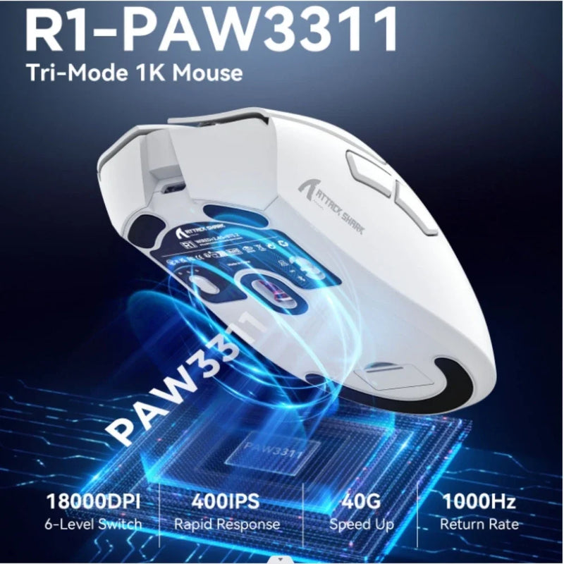 Attack Shark R1 18000dpi Wireless Mouse, 1000Hz, Tri-mode Connection, PAW3311,Macro Gaming Mouse