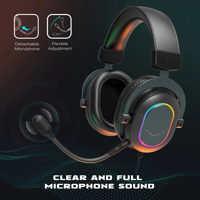 Headset Gamer RGB Dinâmico Fifine com Microfone, Fones de Ouvido Over-Ear com Som Surround 7.1, para PC, PS4, PS5, 3 Opções de EQ: Jogo, Filme, Música