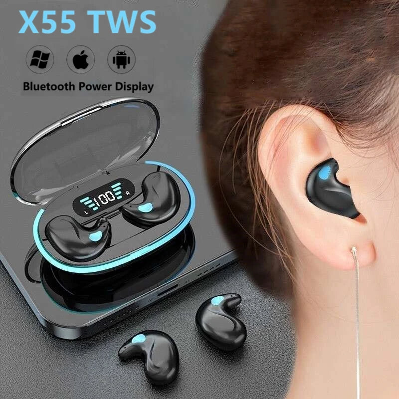 Fones de Ouvido para Dormir X55 Sem Fio Mini Fones de Ouvido para Trabalho Fones de Ouvido TWS Bluetooth Estéreo Headsets Ocultos com Microfone Chamada HD Resistentes à Água