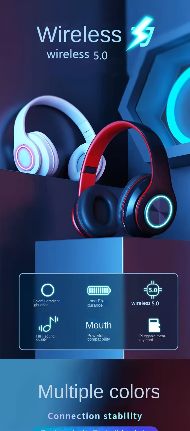 B39 Wireless Luminous  Earphone Headwear supports card insertion, cable insertion, and wireless functions to switch freely. It comes with a charging cable, audio cable, and manual