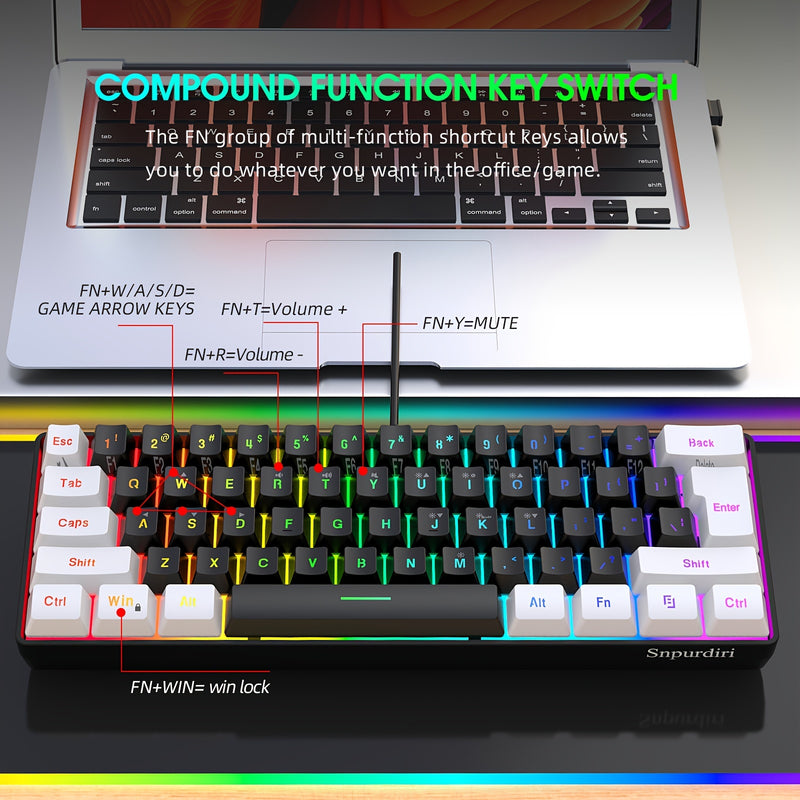 Snpurdiri 60% Wired Gaming Keyboard with RGB Backlit, Ultra-Compact 61-Key Membrane Keyboard, Portable Design for PC/Mac Gamers and Typists, USB-A Connectivity, No Battery Required