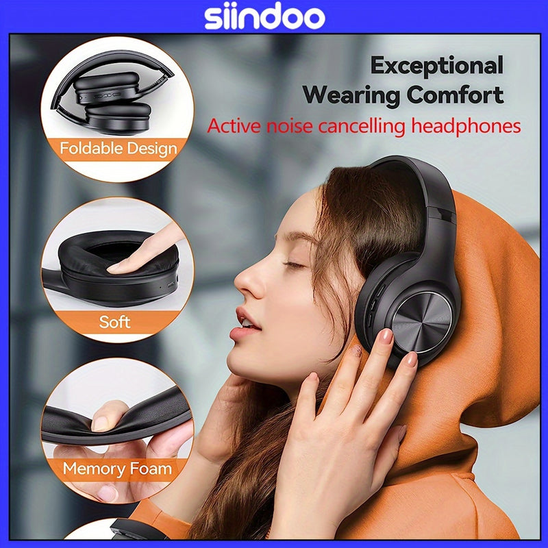 Siindoo Active Noise Cancelling Wireless Headphones - Foldable Over-Ear Headset with Tangle-Free Cable, 3.5mm Jack, Built-In Condenser Mic, Volume Control, Compatible with Cellphones for Office, Travel & Calling, Long-Lasting