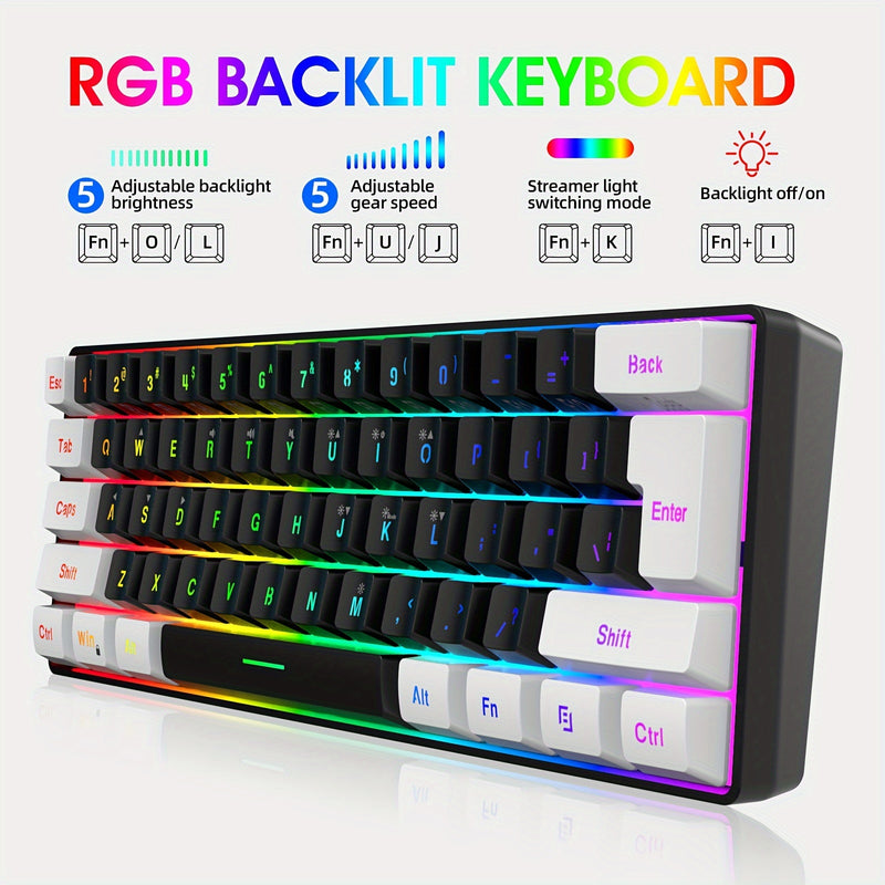 Snpurdiri 60% Wired Gaming Keyboard with RGB Backlit, Ultra-Compact 61-Key Membrane Keyboard, Portable Design for PC/Mac Gamers and Typists, USB-A Connectivity, No Battery Required