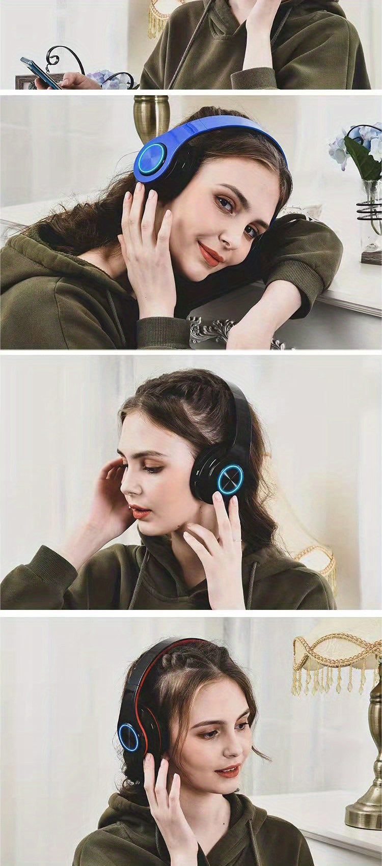 B39 Wireless Luminous  Earphone Headwear supports card insertion, cable insertion, and wireless functions to switch freely. It comes with a charging cable, audio cable, and manual