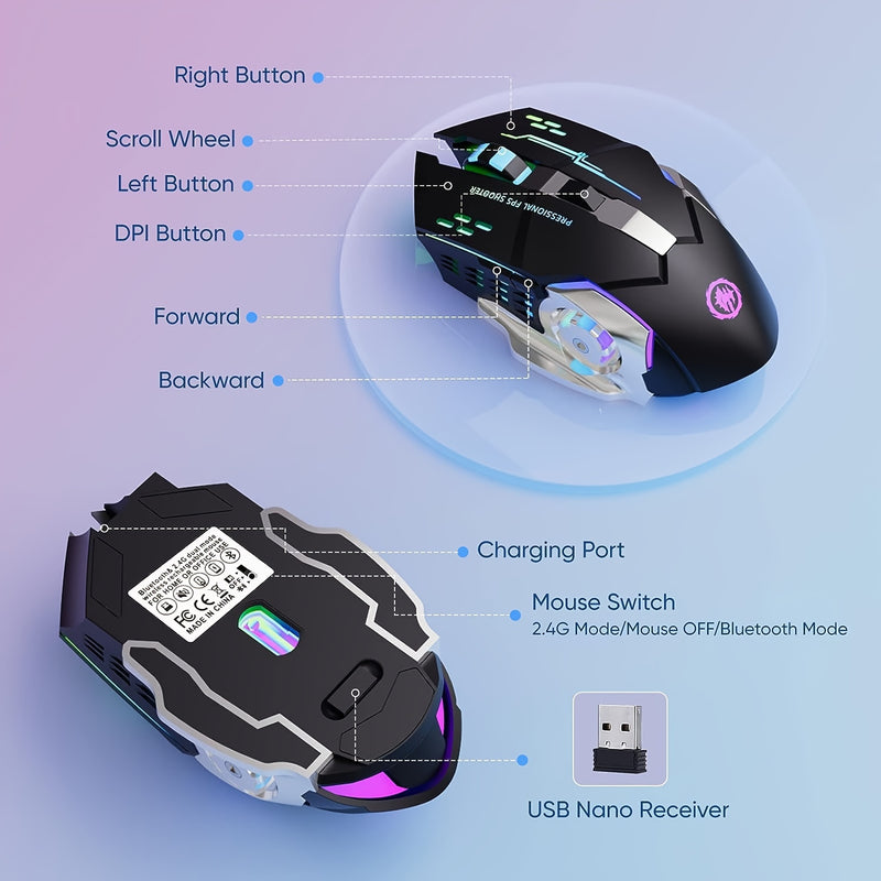 Wireless Gaming Mouse, Rechargeable Computer Mouse Mice With 7 LED Lights, 6 Programmable Buttons, Silent Click, 2.4G/BT USB Nano Receiver 3 Adjustable DPI For Laptop PC Gamer Desktop Chromebook Mac